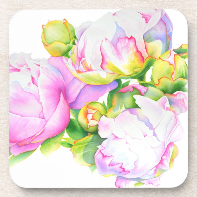 Posavasos Peonias, pintura floral rosa, blanca, acuarela (Frente)