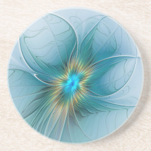 Posavasos Pequeña belleza arte fractal moderno azul dorado F