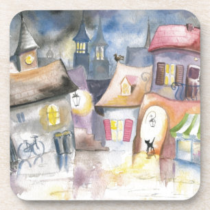 Posavasos Pequeña ciudad en la noche