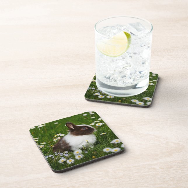 Posavasos Pequeño conejo marrón y blanco en flores (Lado Derecho)
