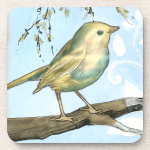 Posavasos Pequeño pájaro amarillo encaramado en una rama mir