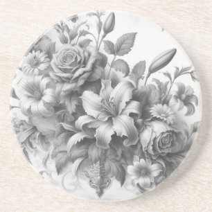 Posavasos Perfección floral de antigüedades en blanco y negr