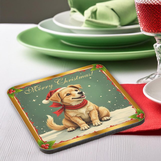 Posavasos Perrito Dorado de Navidad Dulce  (Sweet Christmas Golden Puppy Beverage Coaster by the Olde Christmas Shoppe)