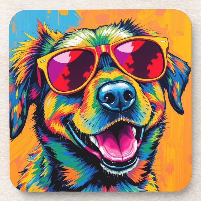 Posavasos Perro abstracto colorido con gafas de sol (Frente)