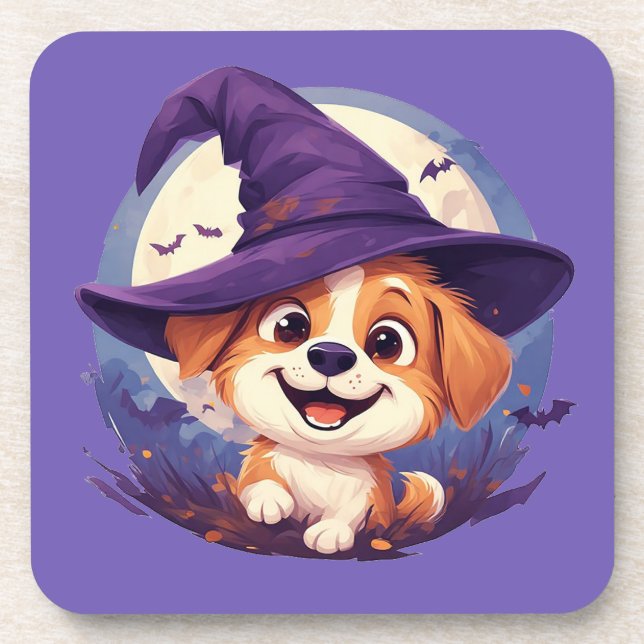 Posavasos Perro Adorable con Sombrero de Bruja (Frente)