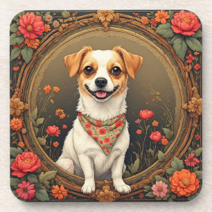 Posavasos Perro Adorable Enmarcado por Flores Coloridas