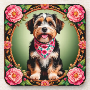 Posavasos Perro Adorable Enmarcado por Flores Coloridas