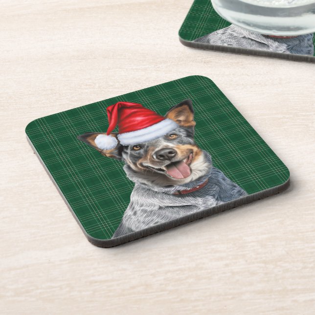 Posavasos Perro azul heeler con Navidades de vacaciones verd (Lado Izquierdo)