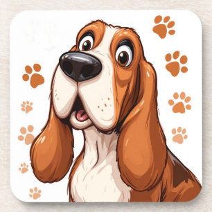 Posavasos Perro Basset Alegre con Huellas de Pata Naranjas