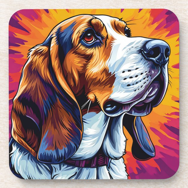 Posavasos Perro Basset Hound con fondo colorido (Frente)
