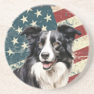 Posavasos Perro Border Collie con bandera americana Grunge