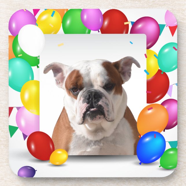 Posavasos Perro bulldog con coloridos globos Tema del cumple (Frente)