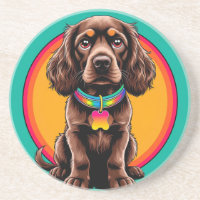 Perro con collar colorido dentro de un círculo dec