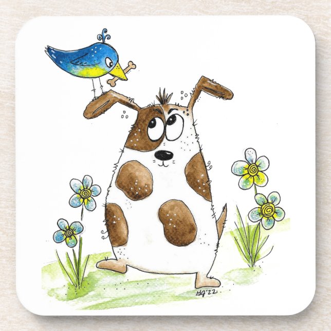 Posavasos Perro con pájaro de aspecto caprichoso (Frente)