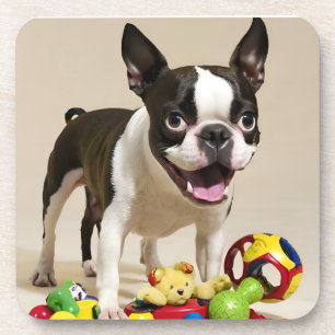 Posavasos Perro de Boston Terrier jugando con juguetes