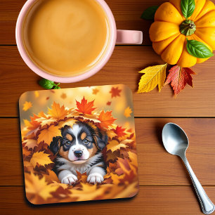 Posavasos Perro de cachorro picado en hojas de otoño