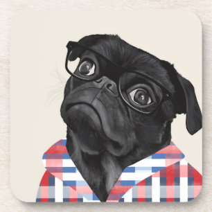 Posavasos Perro De Pug Negro Con Gafas Y Chequera