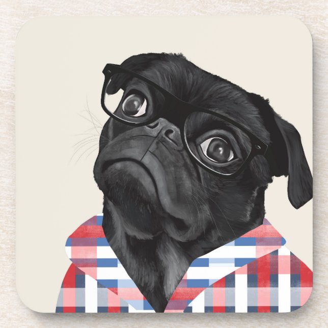 Posavasos Perro De Pug Negro Con Gafas Y Chequera (Frente)