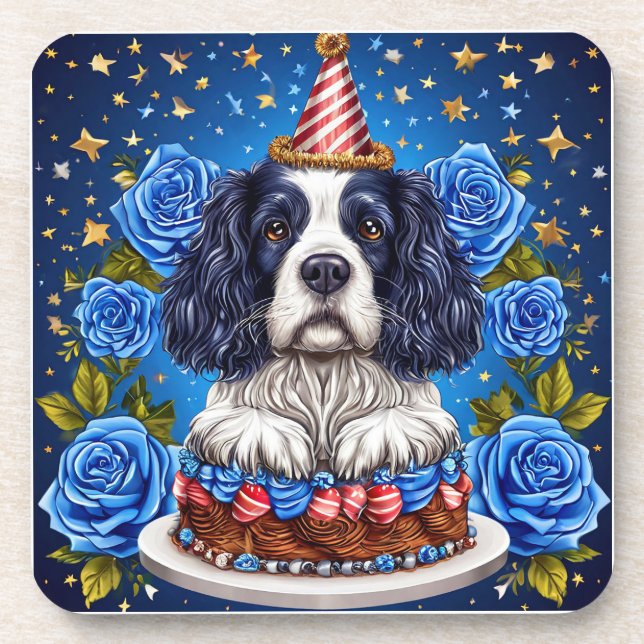 Posavasos Perro de raza Spaniel celebrando cumpleaños (Frente)