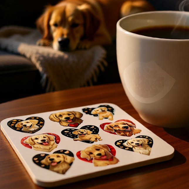 Posavasos Perro de Valentine Golden Retriever (Golden Retriever Love Icons in Playful Heart Beverage Coaster)