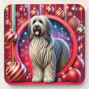 Posavasos Perro Desgreñado Festivo con Decoraciones de Navid