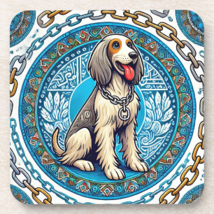 Posavasos Perro Feliz Enmarcado por Patrones Decorativos