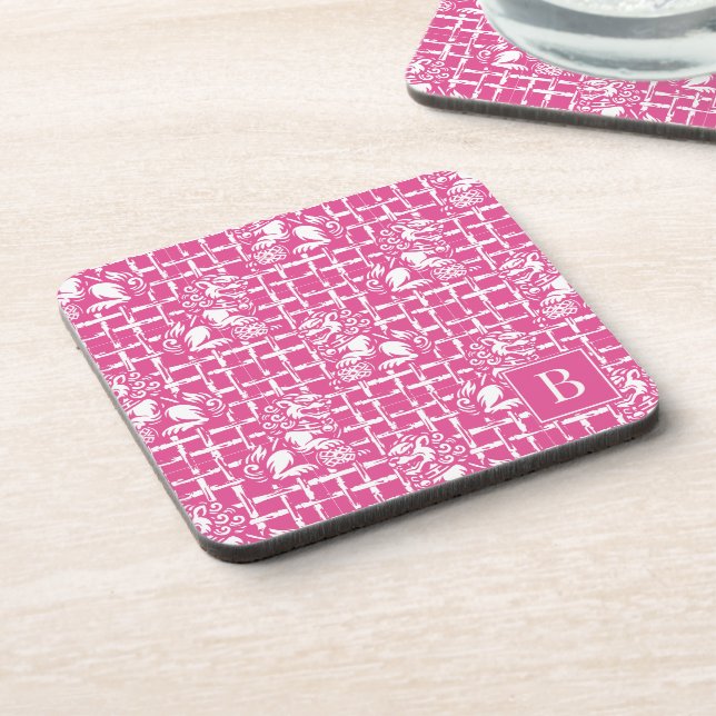 Posavasos Perro Foo Chinoiserie - Enrejado de Bambú Rosa Fuc (Lado Izquierdo)