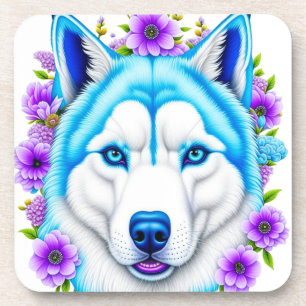 Posavasos Perro Husky con ojos azules y flores