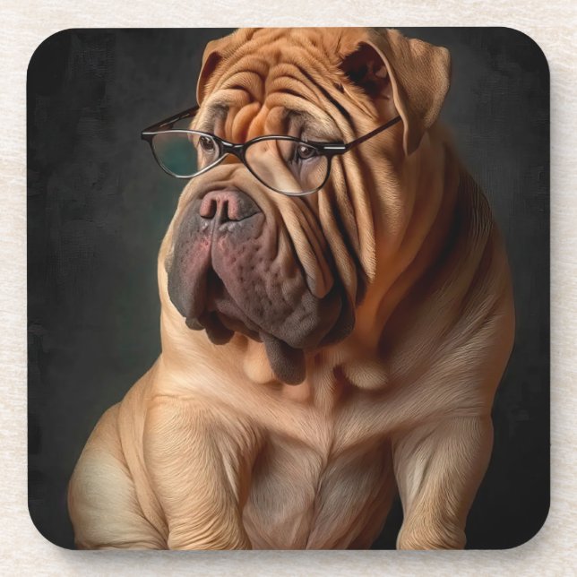 Posavasos Perro inteligente Shar Pei con diseño de libros (Frente)