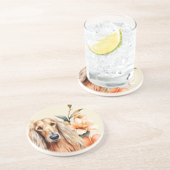 Posavasos Perro Lebrel Afgano y Lirios de Melocotón (Lado)