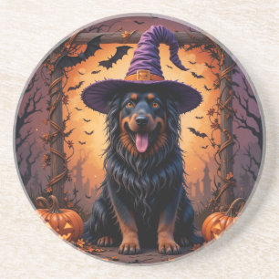 Posavasos Perro lindo con sombrero de bruja rodeado de calab