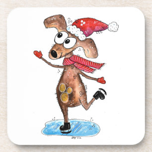 Posavasos Perro Navideño Caprichoso en Patines de Hielo