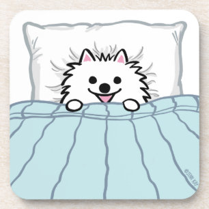 Posavasos Perro panomerano blanco roto en cama 