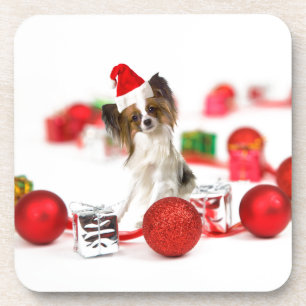 Posavasos Perro Papillon Lindo Sombrero de Santa de Navidad