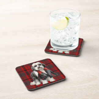 Posavasos Perro pastor y cuadros rojos divertido monograma