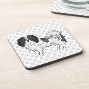 Posavasos Perro Phalène Blanco Y Negro Sobre Patrón de Patas