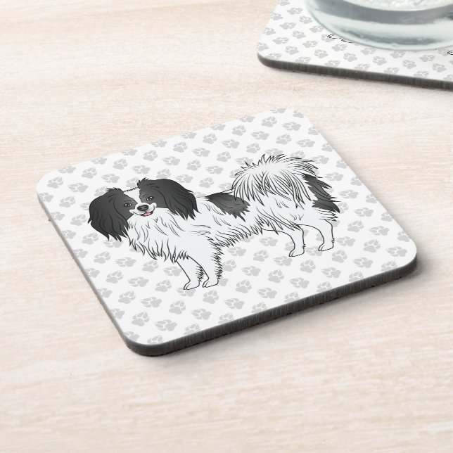 Posavasos Perro Phalène Blanco Y Negro Sobre Patrón de Patas (Lado Izquierdo)