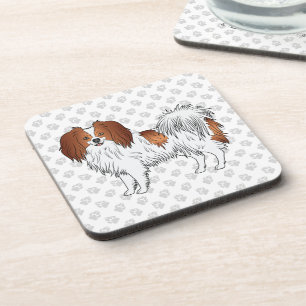 Posavasos Perro Phalène Rojo Blanco Sobre Patrón de Huellas