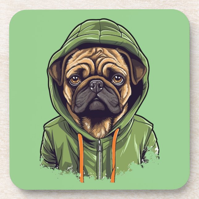 Posavasos Perro Pug con sudadera con capucha verde (Frente)