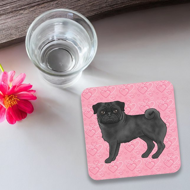 Posavasos Perro Pug Negro de Dibujos Animados Trapos Corazón (Disclaimer: This image is a digital mockup thus items may not be in scale.)