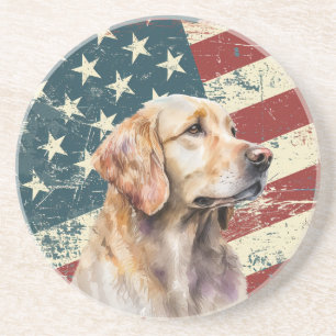 Posavasos Perro Retriever Dorado Bandera Americana Grunge
