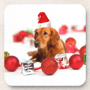 Posavasos Perro Retriever Dorado con Sombrero Rojo de Santa