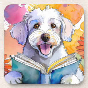 Posavasos Perro Schnoodle Sobrio Leyendo Gran Libro de Recup