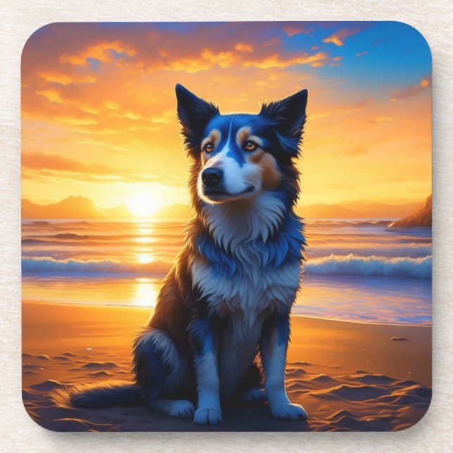 Posavasos Perro sentado en Ocean Beach al atardecer (Frente)
