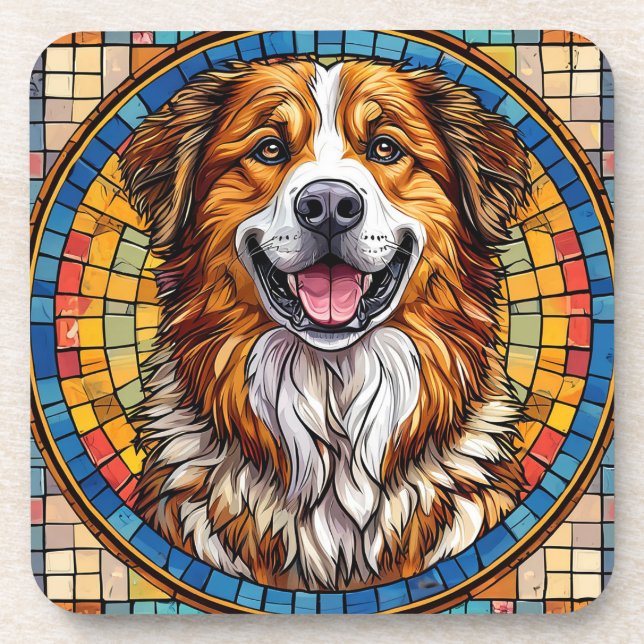 Posavasos Perro sonriente en fondo de mosaico (Frente)