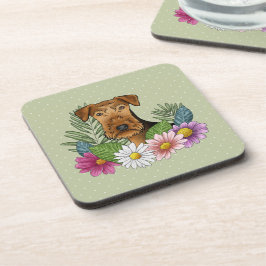 Posavasos Perro Terrier Airedale con flores coloridas verdes