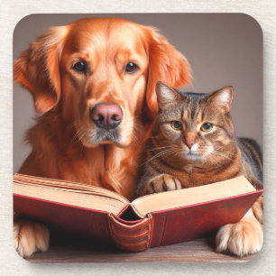 Posavasos perro y gato gracioso leyendo un libro