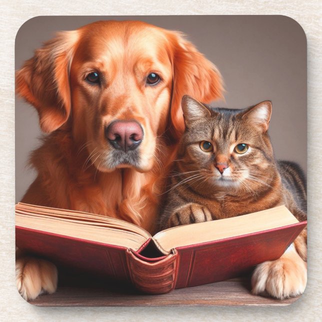 Posavasos perro y gato gracioso leyendo un libro (Frente)