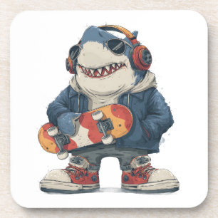Posavasos Personaje de tiburón de hip hop de dibujos animado