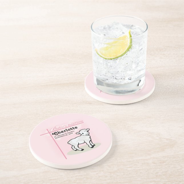 Posavasos Personalizable, Bautizo, Rosa, Niña, Cordero (Lado)